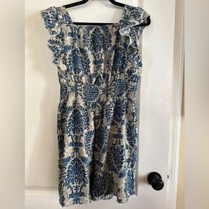 SHEIN Blue and Cream Boho Midi Dress w/Ruffle Cap Sleeve Cinch Waist.  Size XL